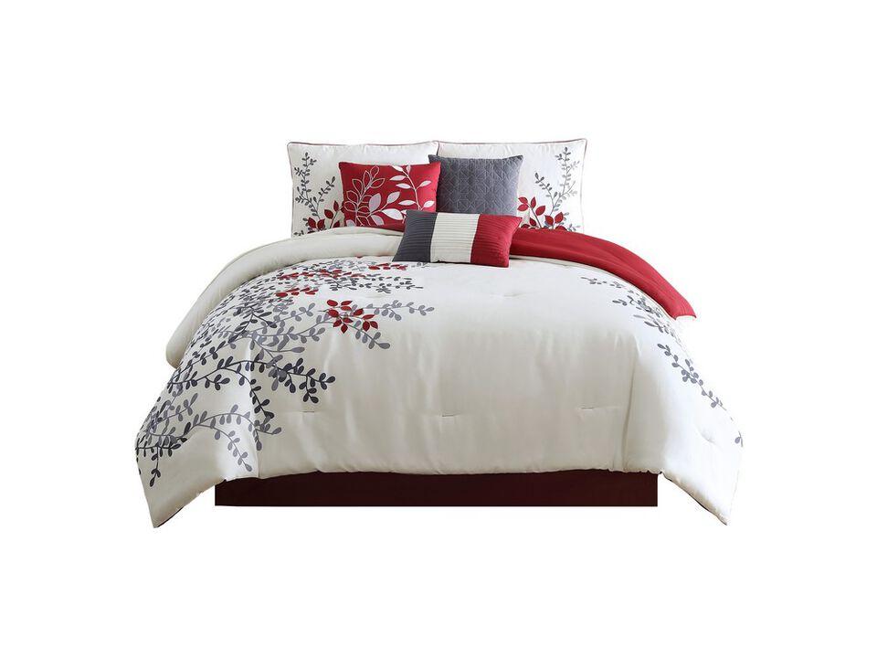 7 Piece Queen Comforter Set with Leaf Embroidery, Cream and Gray - Benzara