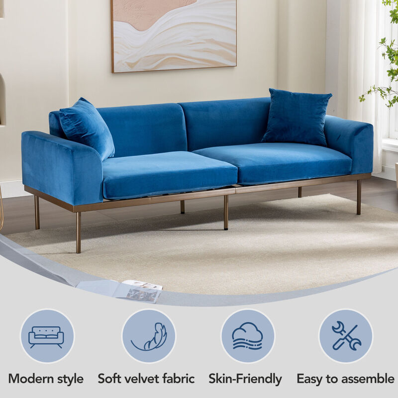Modern Velvet Sofa with Metal Legs, Loveseat Sofa Couch with Two Pillows for Living Room and Bedroom, Blue image number 7