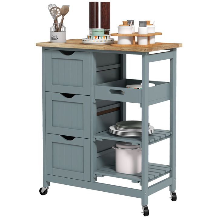 Rolling Kitchen Cart, Kitchen Island with Wood Top, Shelves & Drawers for Dining Area, Gray