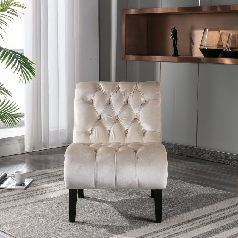 Modern Velvet Accent Chair, Armless Button Tufted Upholstered Barrel Chair with Wood Legs for Living Room, Bedroom, Office image number 2