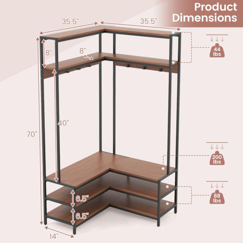 Hivvago Corner Garment Rack with Open Shelves and 7 Hooks Shoe Bench