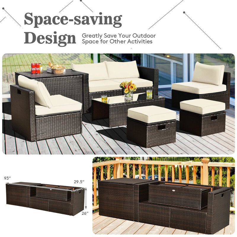 Mondawe 8 Pieces Patio Space-Saving Rattan Furniture Set with Storage Box and Waterproof Cover