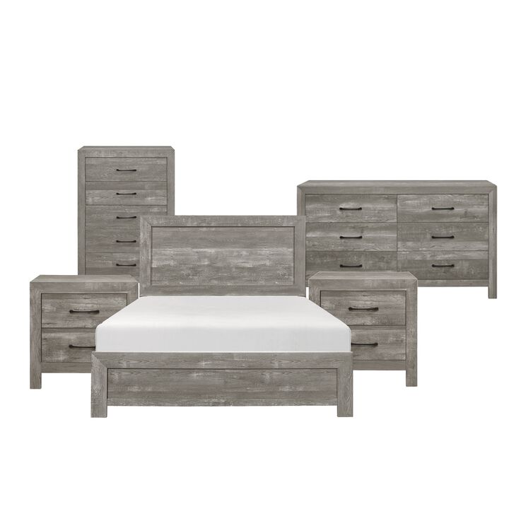 King Bedroom Set, Farmhouse Style, Gray, 5 Piece Set with 2 Nightstands, Dresser, and Chest