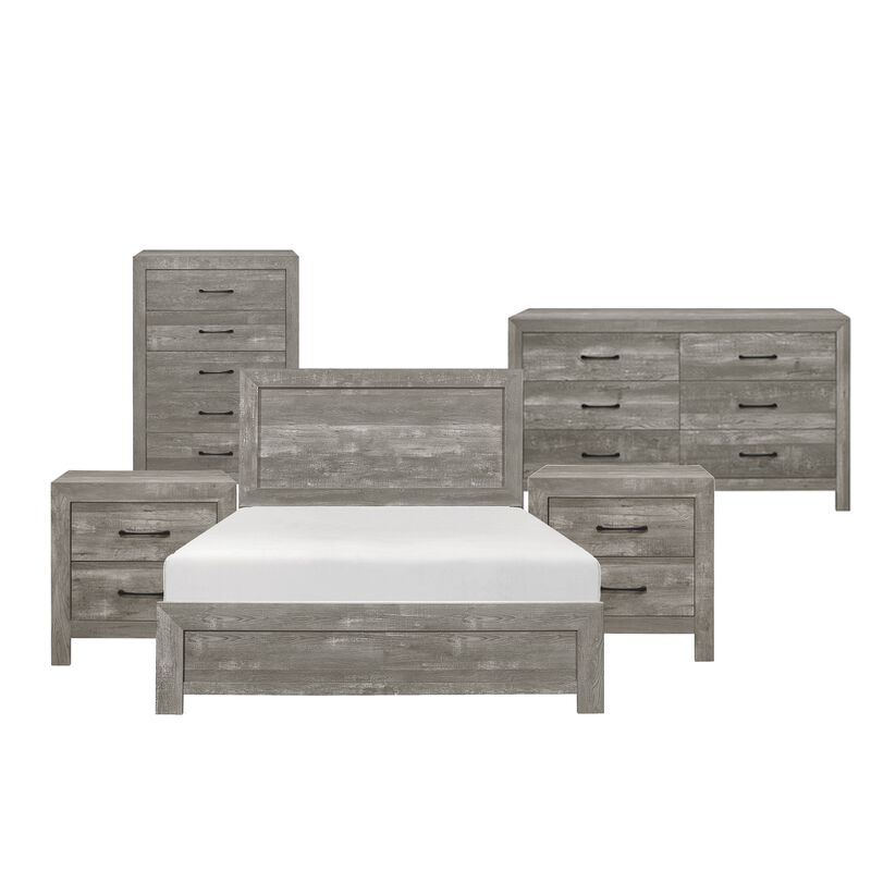 King Bedroom Set, Farmhouse Style, Gray, 5 Piece Set with 2 Nightstands, Dresser, and Chest image number 0