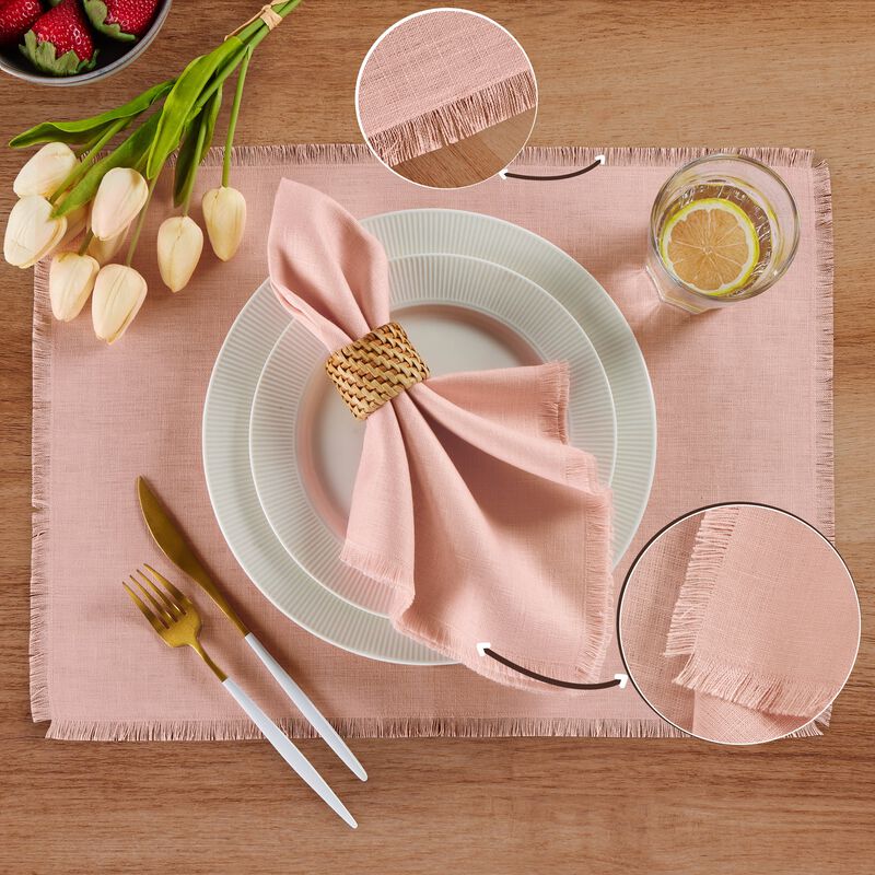 Solino Home Fringe 100% Linen Placemats &ndash; Set of 4, 14 x 19 in, Machine Washable, Holiday and Everyday Dining