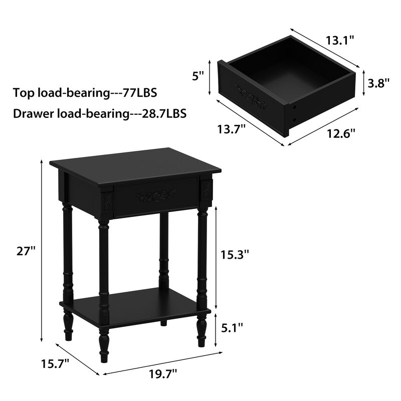 FUFU&GAGA Vintage Bedside Cabinet with Drawer Open Shelf Solid Wood Legs and Black Paint Finish 19.7''L × 15.7''W × 27''H