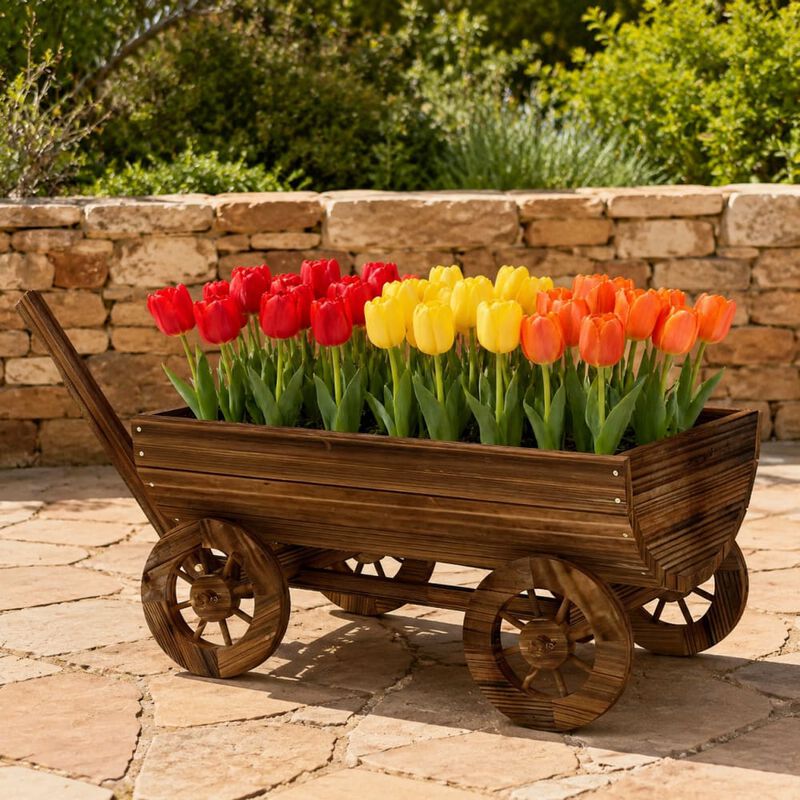 WOW PIONEER Rustic Wooden Wheelbarrow Wagon Planter, Mobile Elevated Garden Flower Cart with Drainage for Patio, Porch, Yard Use image number 3