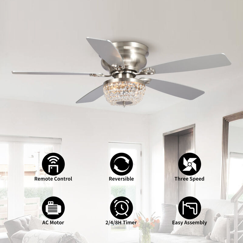 48" Modern Nickel Low Profile Crystal Ceiling Fan Chandelier with Light and Remote