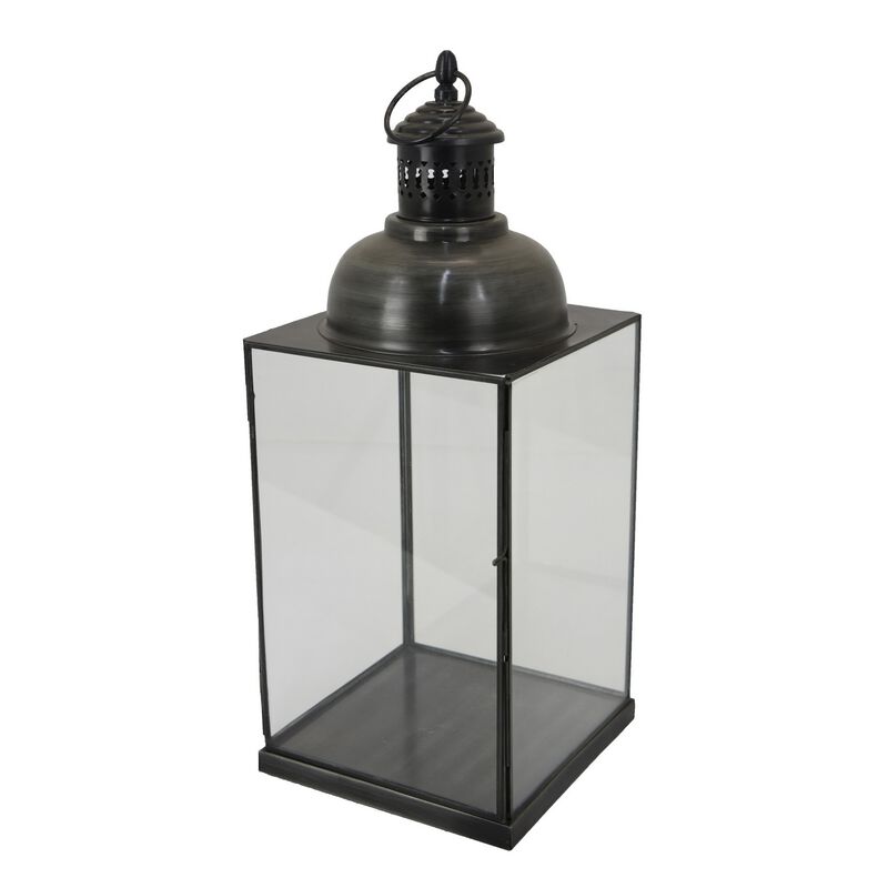 Laila Lantern, Black Metal, Glass Panels, Square Base, 20 Inch Tall - Benzara