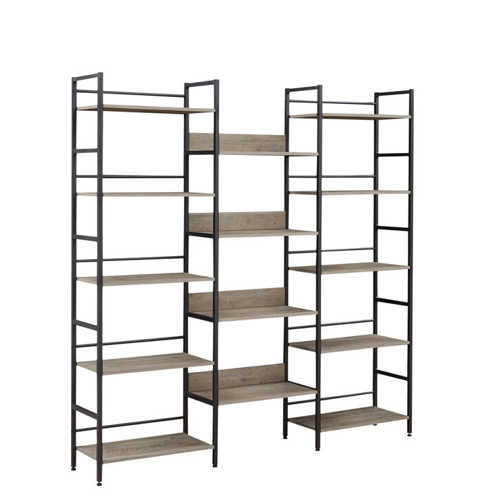 Triple Wide 5-shelf Bookshelves Industrial Retro Wooden Style Home and Office Large Open Bookshelves, Grey, 69.3" W x 11.8" D x 70.1" H