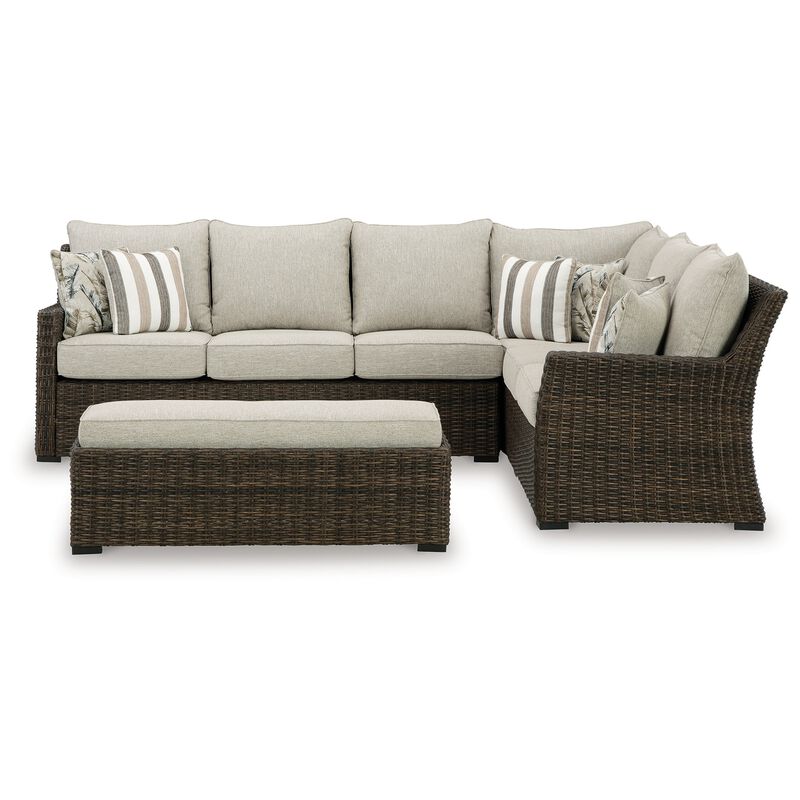 Soha Outdoor 3pc Sectional Sofa, Brown Wicker, Beige Nuvella Cushions - Benzara