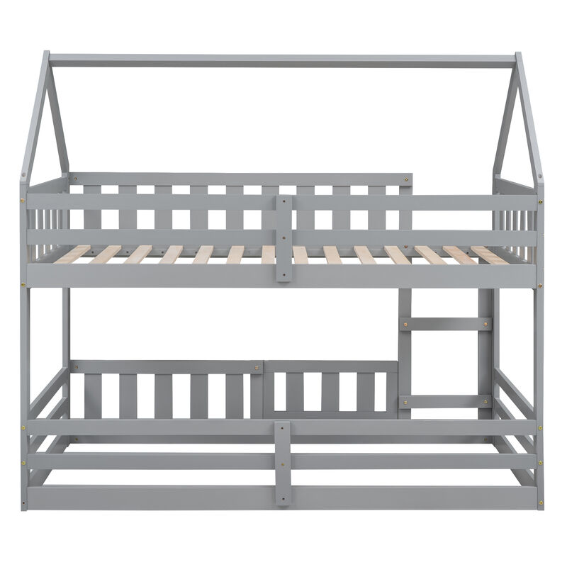 Whisen Wood Twin over Twin House-Shaped Bunk Bed with Fence with Door and Ladder - White
