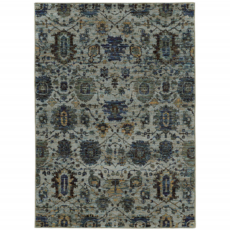 5 X 7 Blue And Navy Oriental Power Loom Stain Resistant Area Rug