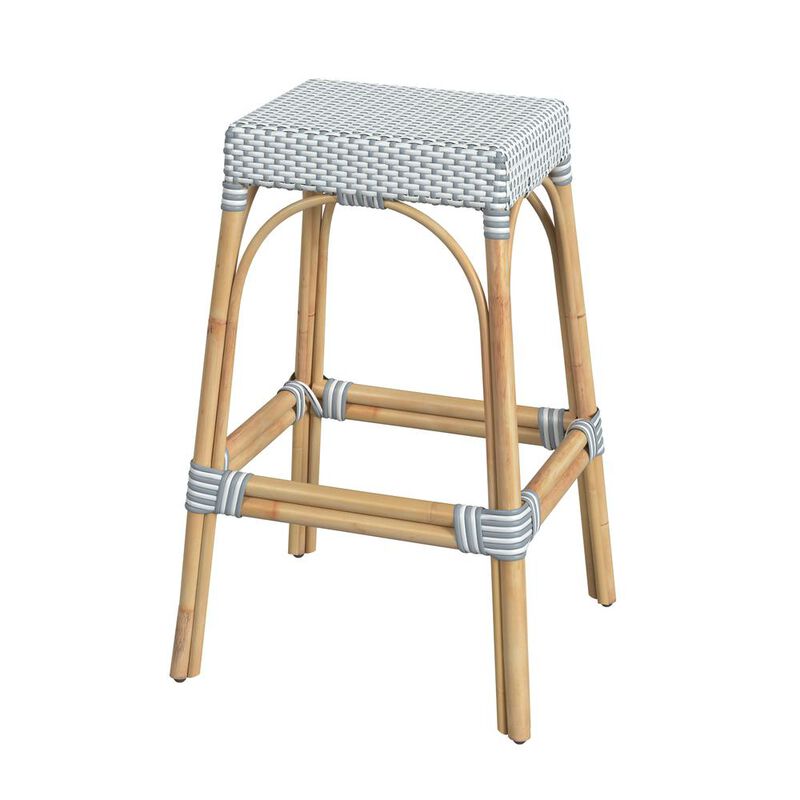 Butler Specialty Robias Rectangular Rattan 30 Bar Stool, White and Sky Blue Dot