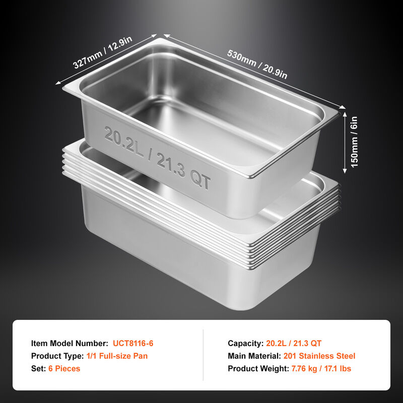 VEVOR 6 Pack Full Size Hotel Pans Steam Table Pan Stainless Steel 6" Deep