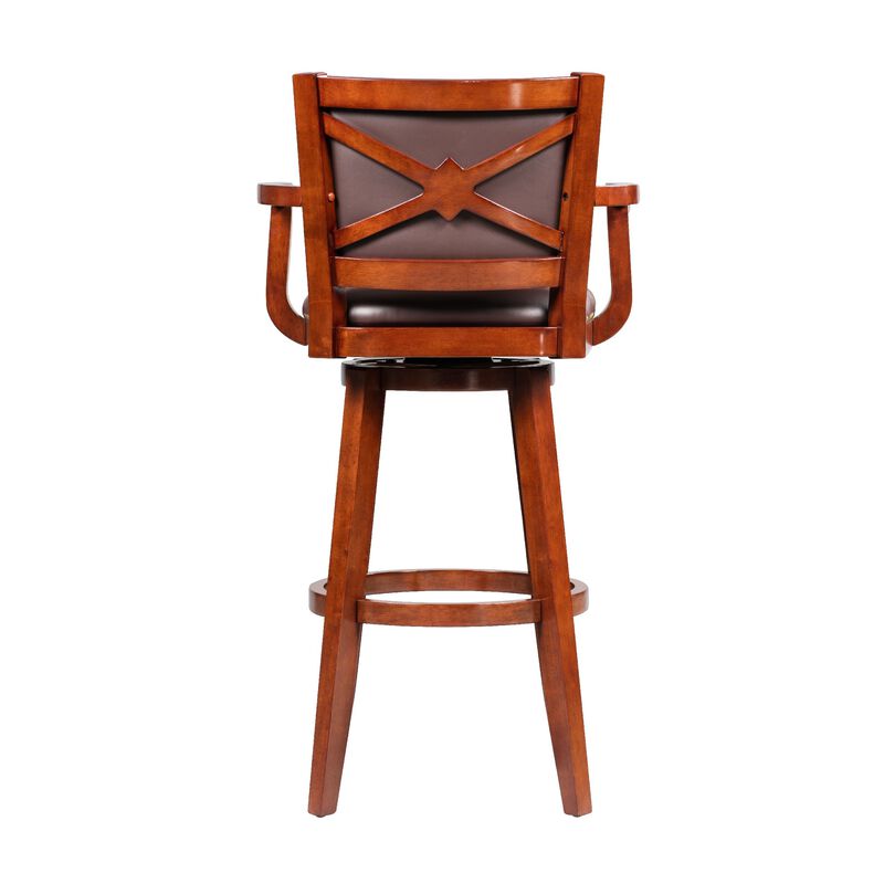 Hugo 34 Inch Swivel Barstool, Wood, Open Rolled Arms, Bonded Leather, Brown-Benzara