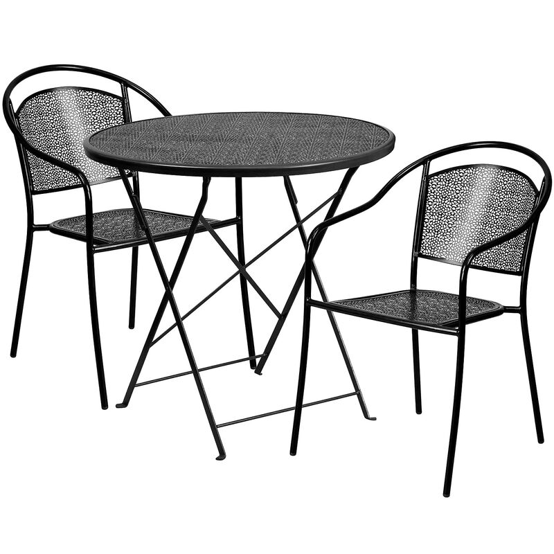 Flash Furniture Commercial Grade 30" Round Black Indoor-Outdoor Steel Folding Patio Table Set with 2 Round Back Chairs