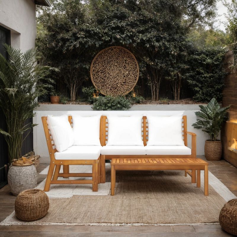 Roma 4pc Modular Outdoor Sofa and Table Set, Solid Acacia Wood, White - Benzara