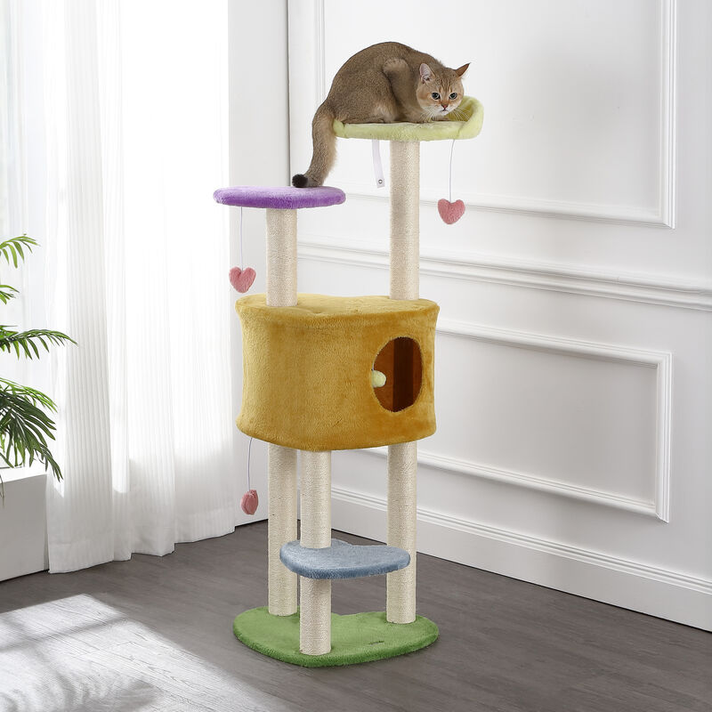 Aisling 51" 4-Tier Modern Sisal Heart Cat Tree with Scratching Posts, Napping Perch, and Dangling Toys, Multi