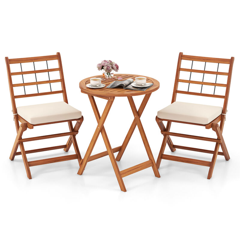 3 Pieces Acacia Wood Patio Bistro Set with Cushions