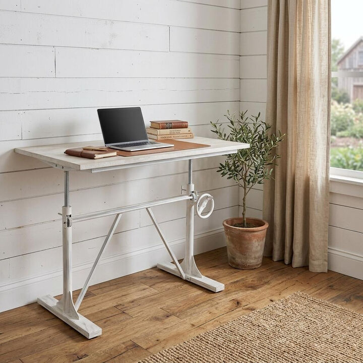 HomeRoots Adjustable Antiqued White Solid Wood and Iron Trestle Standing Desk