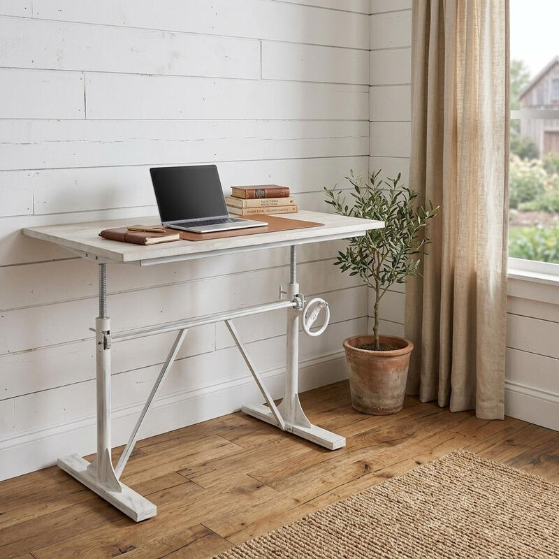 HomeRoots Adjustable Antiqued White Solid Wood and Iron Trestle Standing Desk image number 1