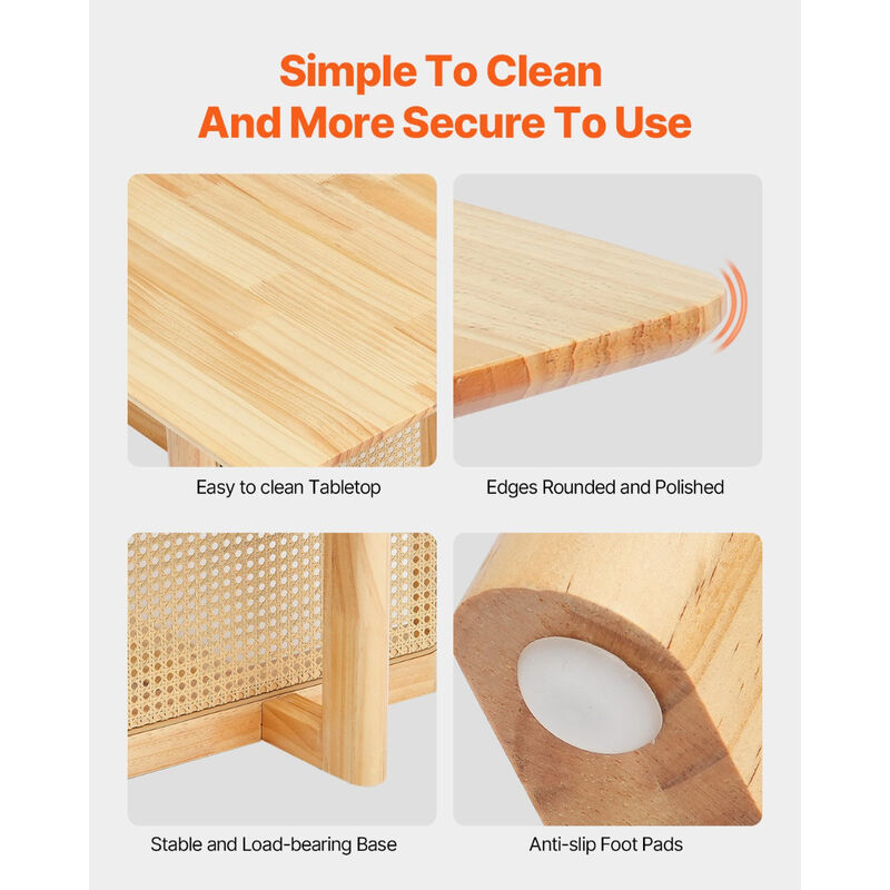 Rectangular Wood Rattan Coffee Table with Double Storage Layers, Modern Design