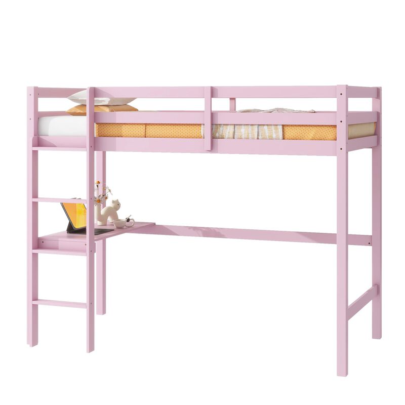 Whisen Twin High Loft Bed, Rubber Wood Loft Bed with Ladder, Safety Guardrail and built-in desk - Gray