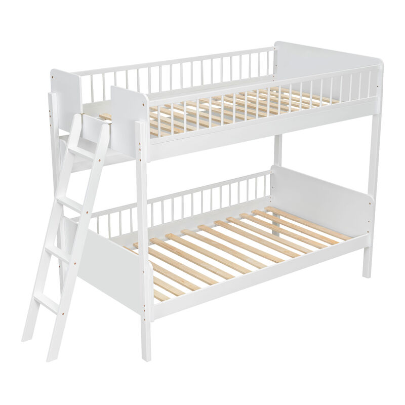 Merax Twin-Over-Twin White Wooden Bunk Bed with 3 Storage Shelves