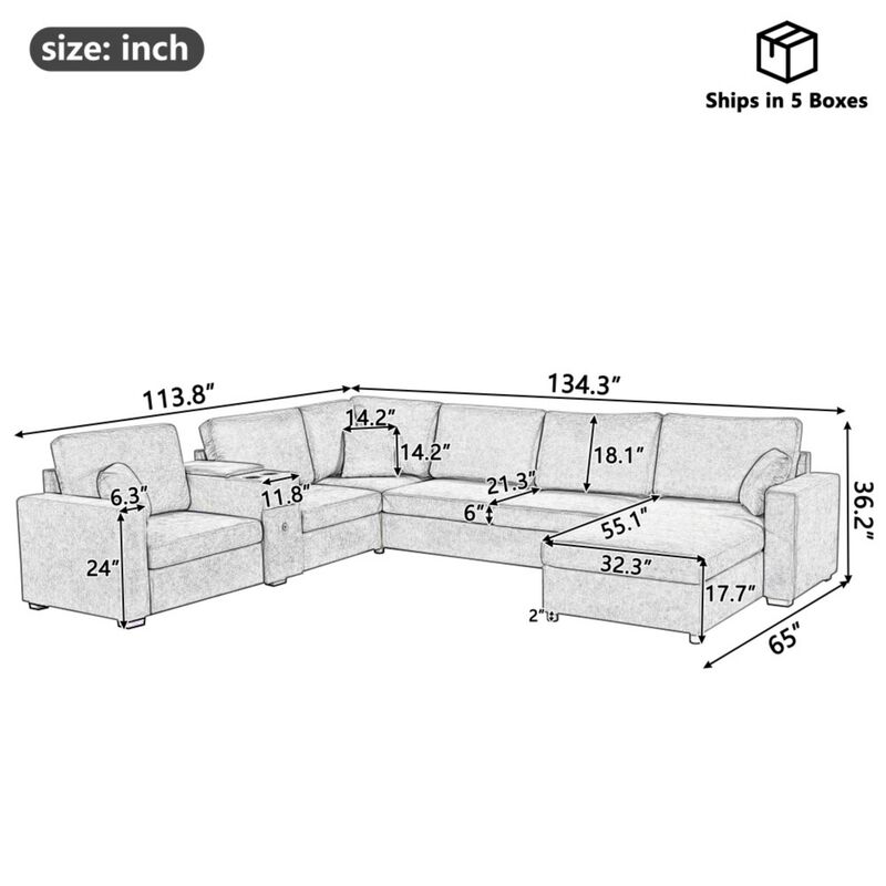 Guftem Modern 5‑Seat U‑Shaped Chenille Sectional Sofa image number 9