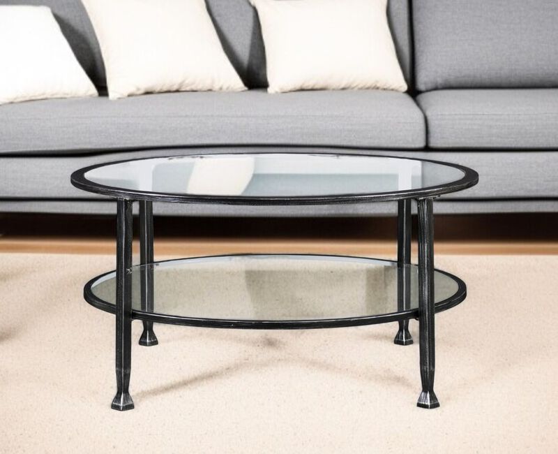 Hivvago 36 Inch Black Glass And Metal Round Coffee Table