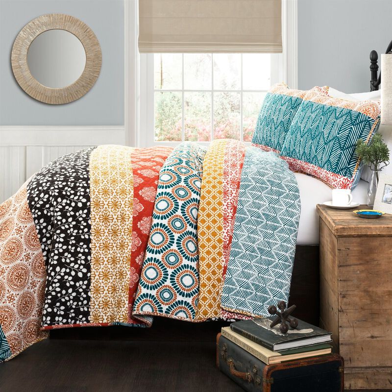 Hivvago King size Cotton 3 Piece Reversible Teal Orange Bohemian Stripe Quilt Set