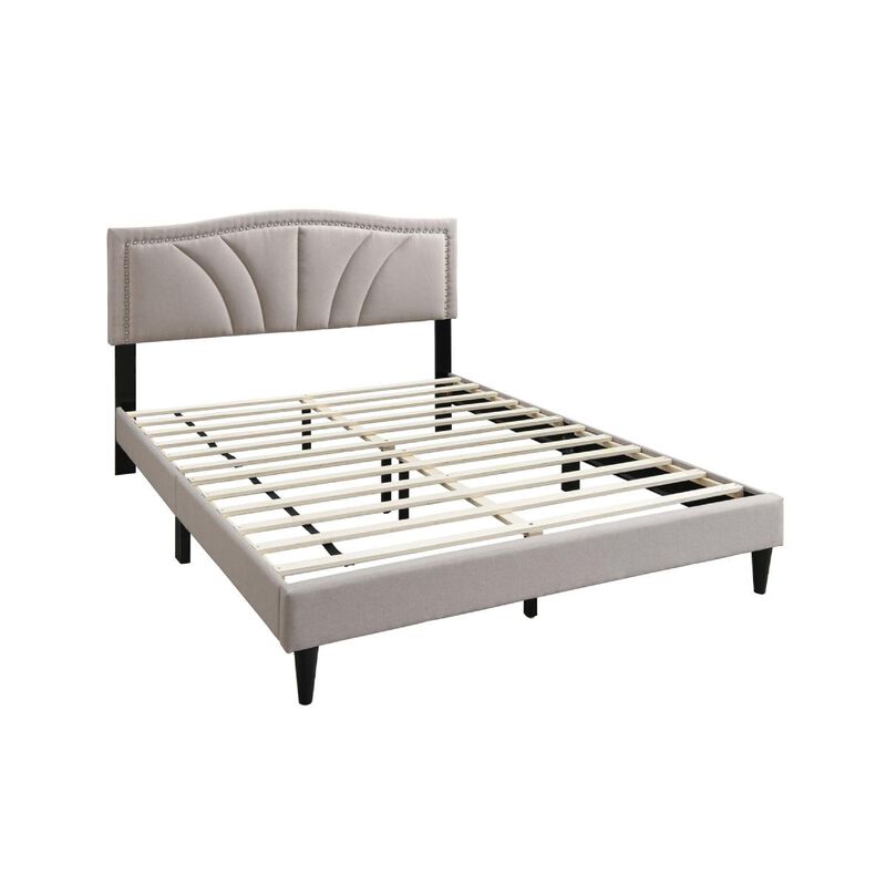 Reo Queen Size Bed, Light Brown Burlap Upholstered Curved Headboard - Benzara