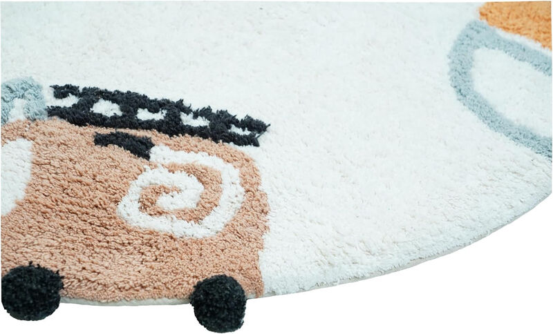 HomeRoots 32" Blue Green And White Cotton Cars Round Youthful Bath Rug image number 2