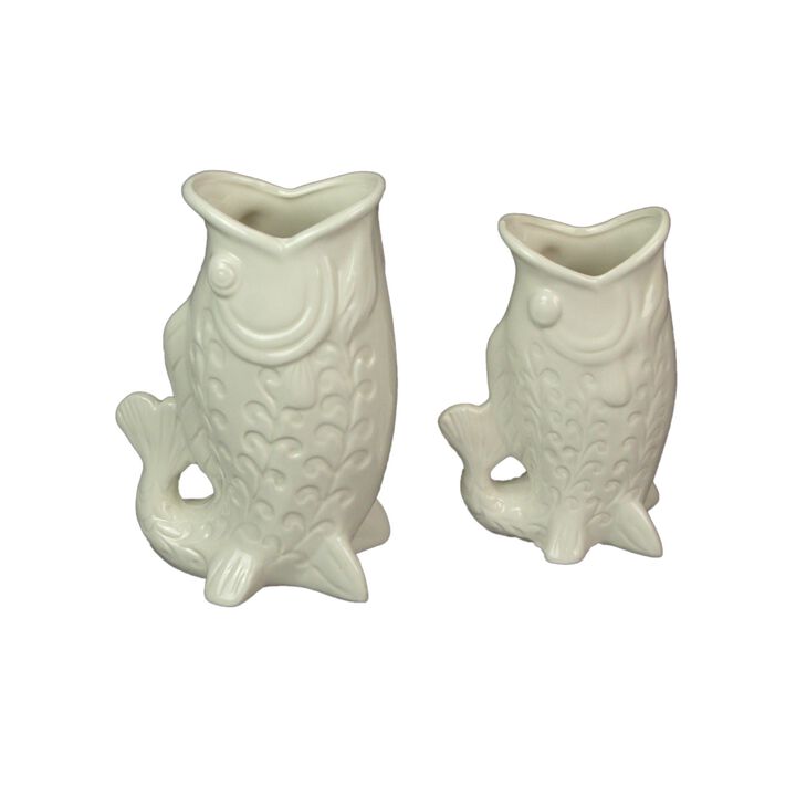 White Fish Decorative Vases Set Of 2 Ceramic Coastal Tabletop 85in And 7in