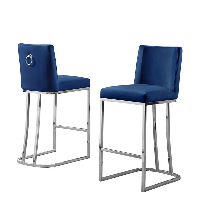 Best Quality Furniture 24 Velvet Counter Stool, Navy Blue, Chrome Base (Set of 2)