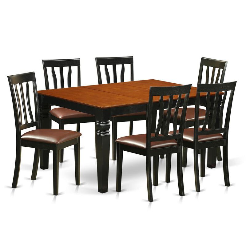 7 Pc Kitchen table set with a Dining Table and 6 Leather Kitchen Chairs in Black