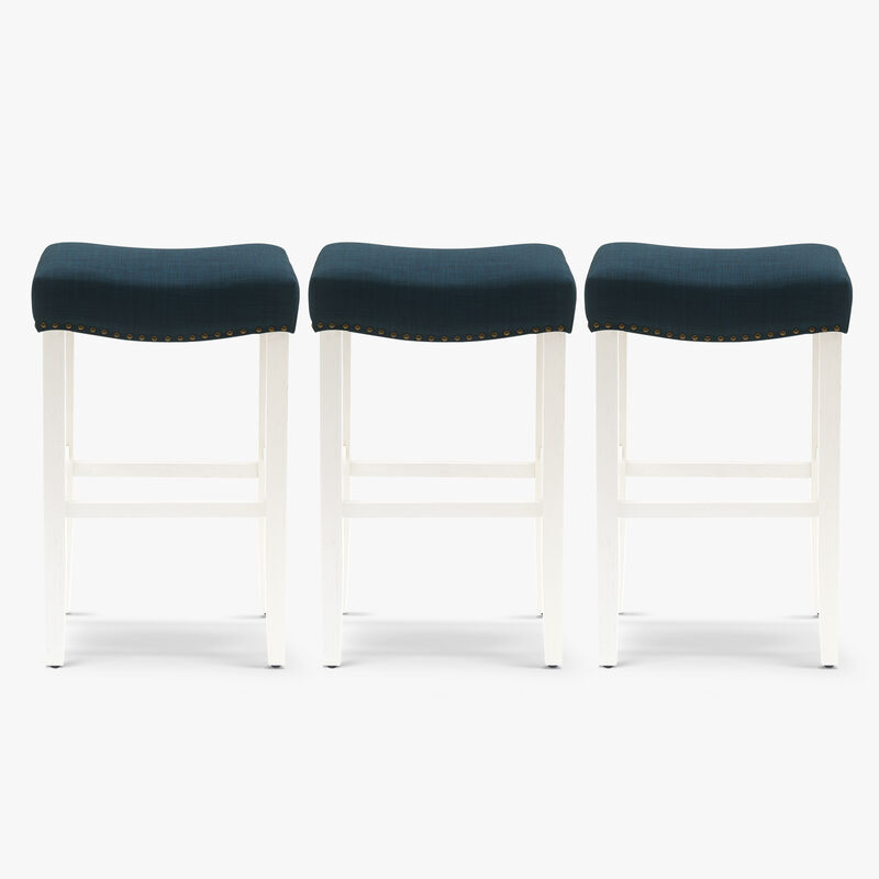 WestinTrends 29" Upholstered Saddle Seat Antique White Bar Stool (Set of 3)