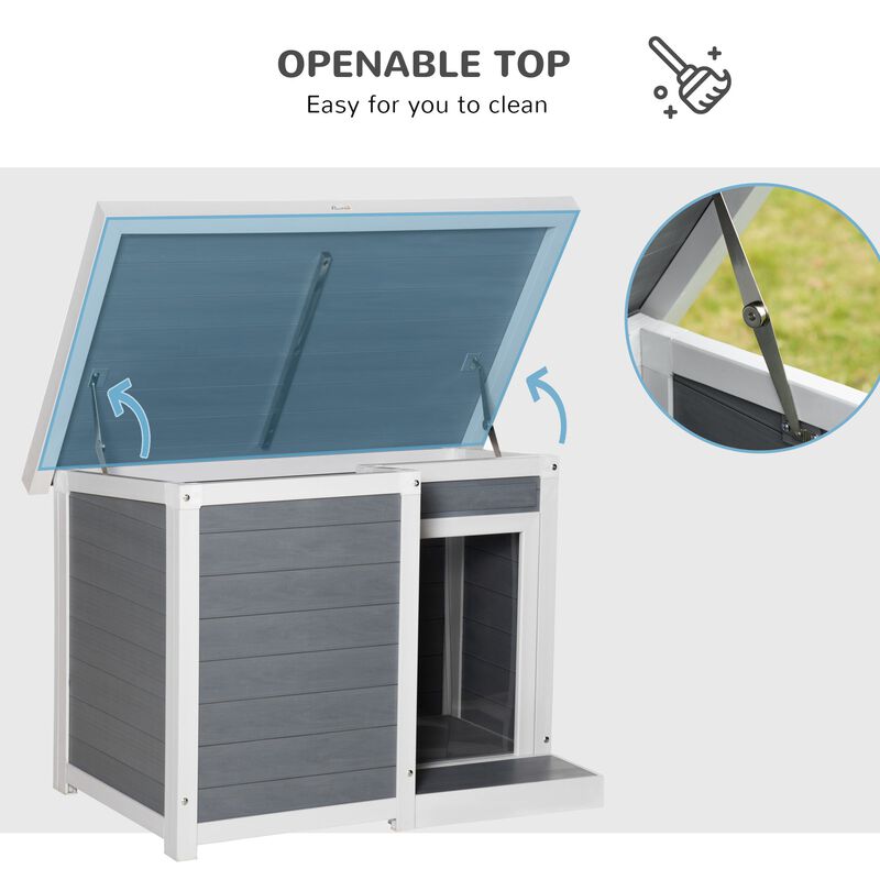 Dog House Outdoor, Cabin Style Pet Home Cottage, Weather Resistant, with Raised Feet, Terrace, Openable Top, for Medium Sized Dog, Grey