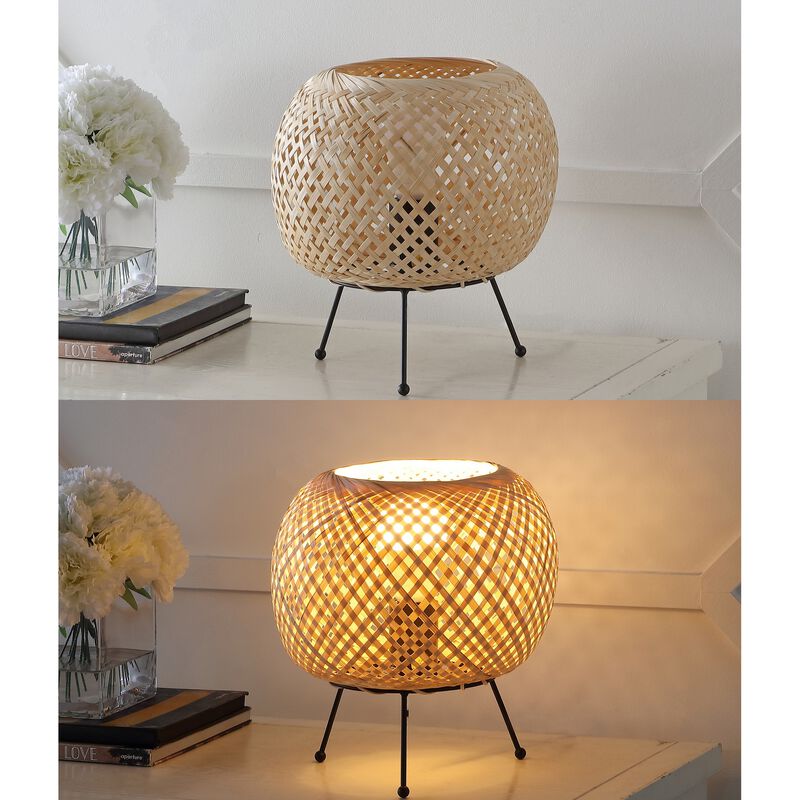 Palma 10.75" Bohemian Rustic Iron/Rattan LED Mini Table Lamp with Smart Bulb, Black/Brown