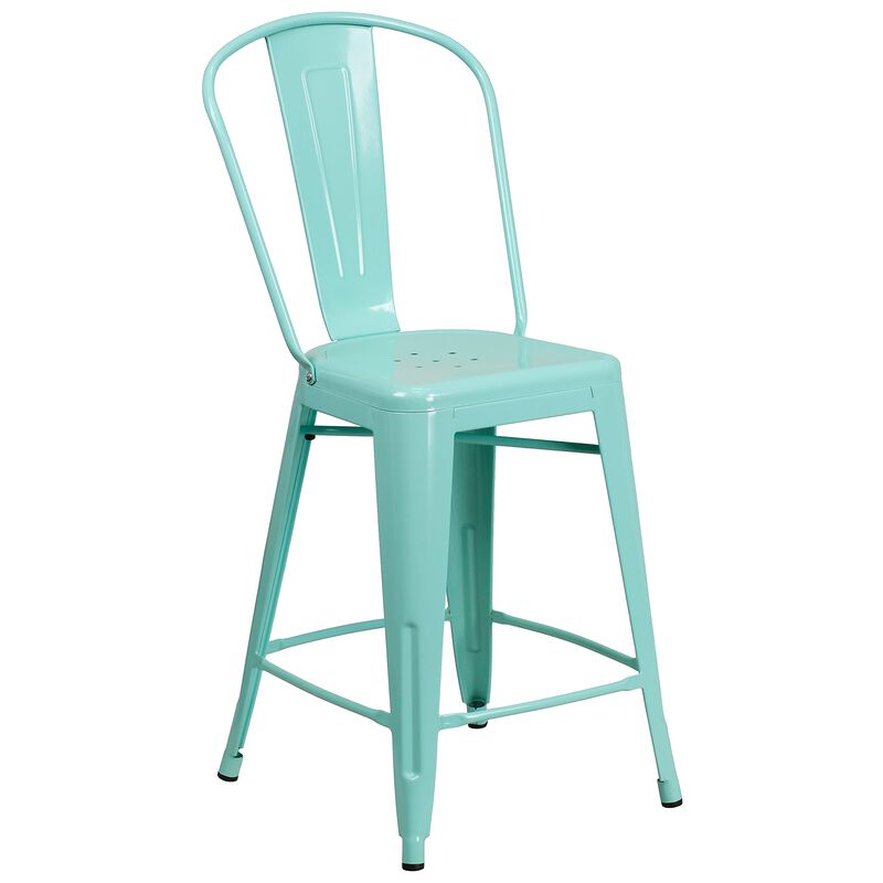 Flash Furniture Carly Commercial Grade 24" High Mint Green Metal Indoor-Outdoor Counter Height Stool with Back