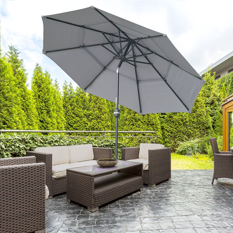 Dark Grey Patio Shield: 9' 3-Tier Outdoor Umbrella with Crank Tilt