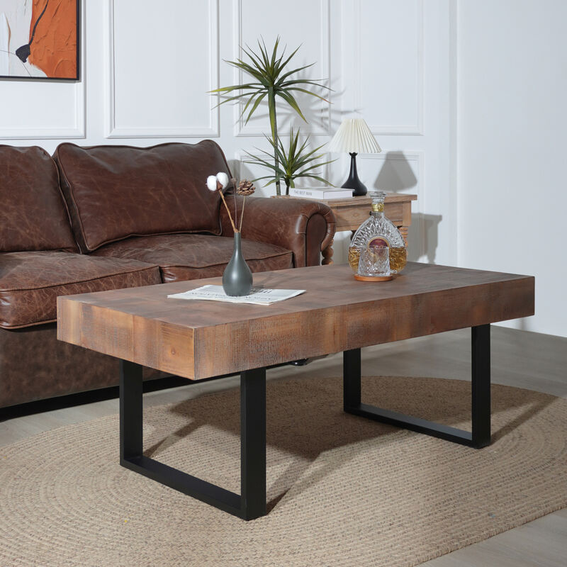 GOODSILO Rustic Industrial Handcrafted Wood Coffee Table with Metal Legs and Parquet Style Surface image number 3