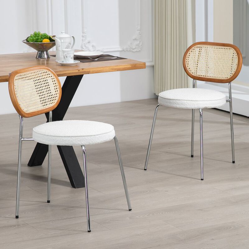Glamour Home Set of 2 White Boucle Fabric Dining Chair Rattan Backrest and Chrome Legs