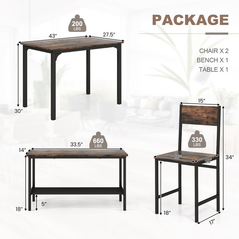 4 Pieces Rustic Dining Table Set with 2 Chairs and Bench
