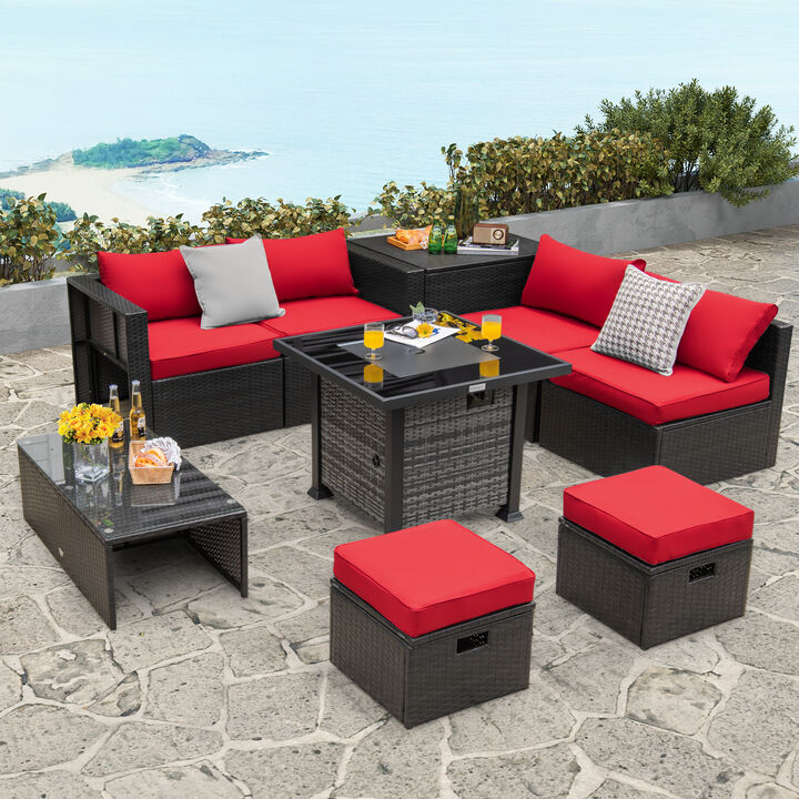 Outdoor 9-Piece Rattan Furniture Set with Fire Pit Table &ndash; Weather-Resistant Sofa with Cushions