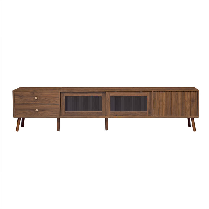 Merax TV Stand with Waveform Glass Doors, 2 Deep Drawers, Striped Texture Cabinets