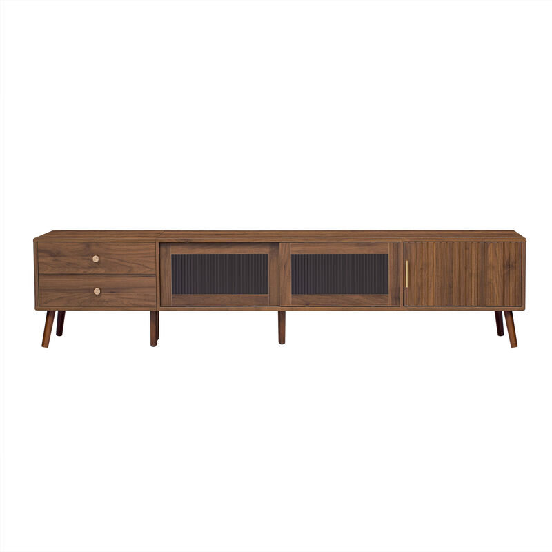 Merax TV Stand with Waveform Glass Doors, 2 Deep Drawers, Striped Texture Cabinets image number 0