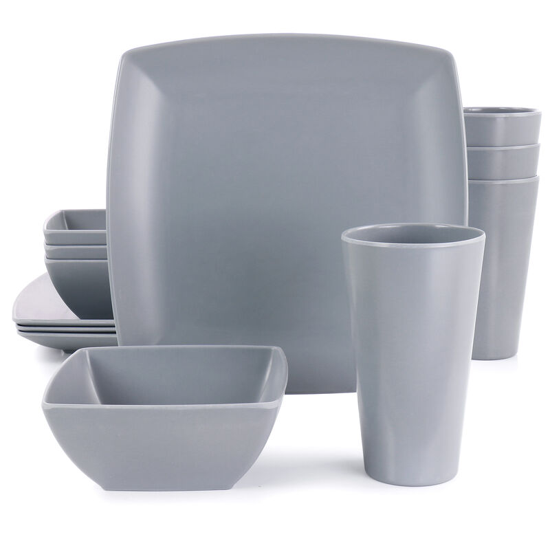 Gibson Home 12 Piece Grayson Melamine Square Dinnerware Set in Gray