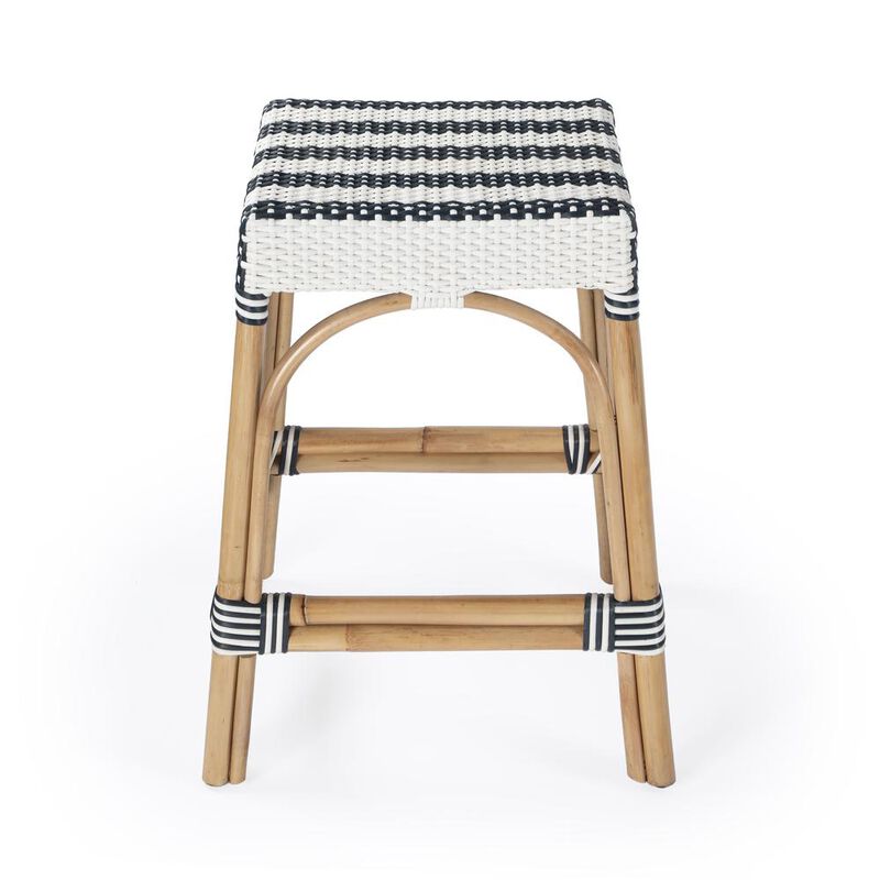 Butler Specialty Robias Rectangular Rattan 24.5 Counter Stool, White and Navy Stripe